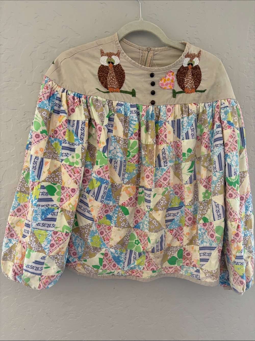 Women’s Beige Patchwork Owl Embroidered Long Sleeve Top